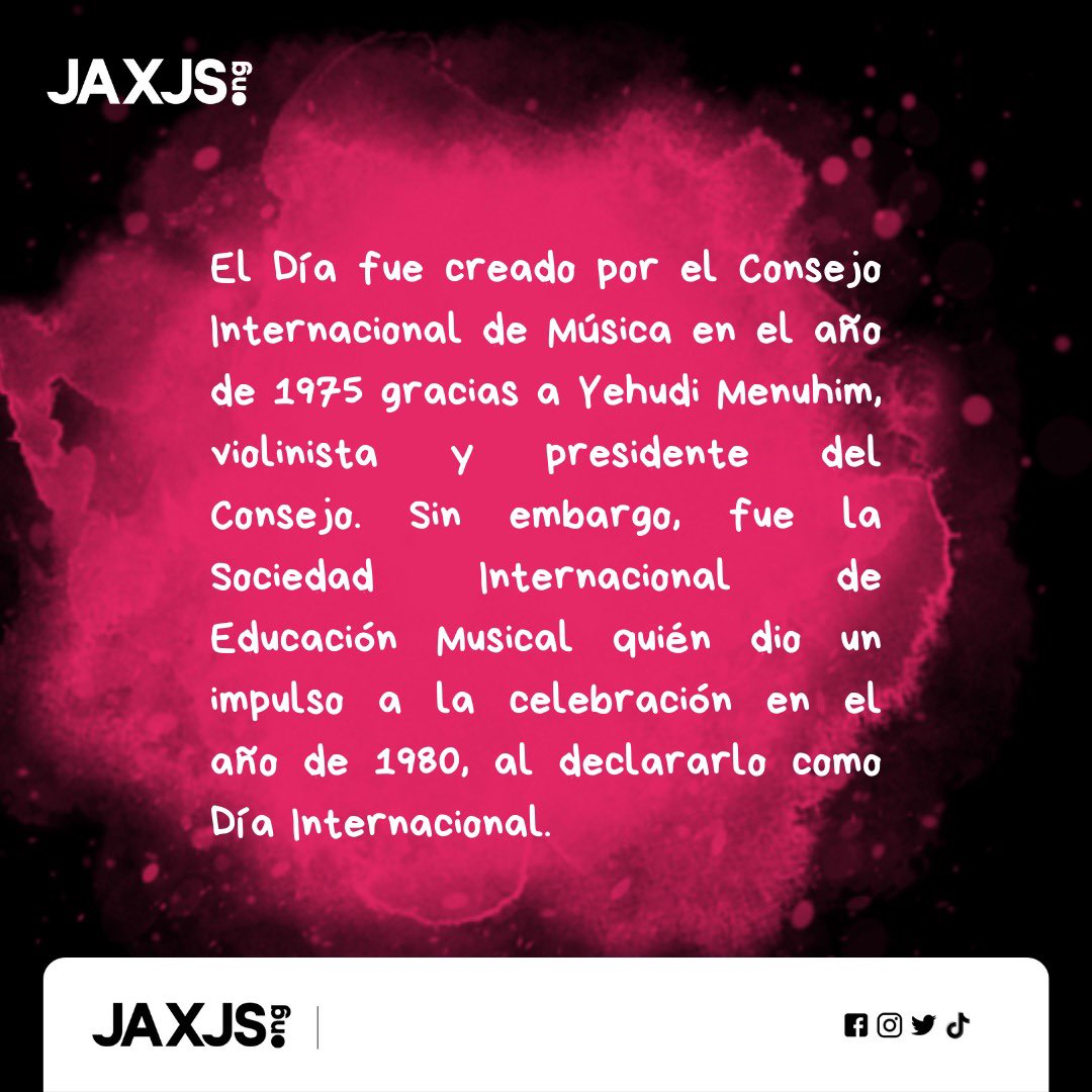 JAxJS_ong's tweet photo. El Día Internacional de la Música, se celebra el 1 de octubre de cada año, este momento nos permite agradecer a la música por identificarnos con sus melodías, ritmos y letras; por estar con nosotros en las alegrías, tristezas, enojos.
#JAxJS #musica #music #arte #juventud https://t.co/9l6GNwD8bQ