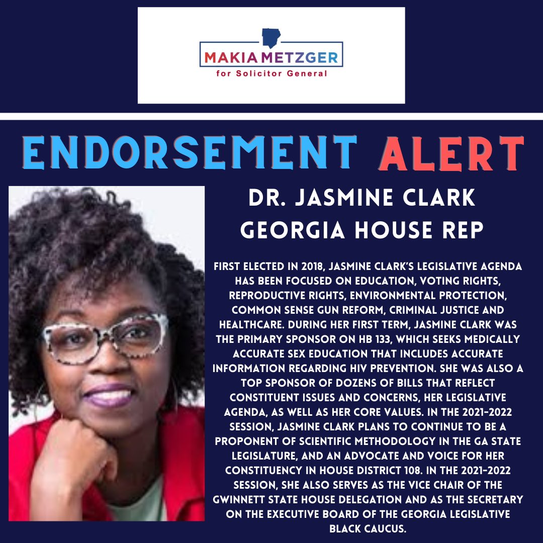 I’m proud to have the endorsement of @JasmineForHD108, and for her work in the Georgia house. 

#makiaforcobb #gapol