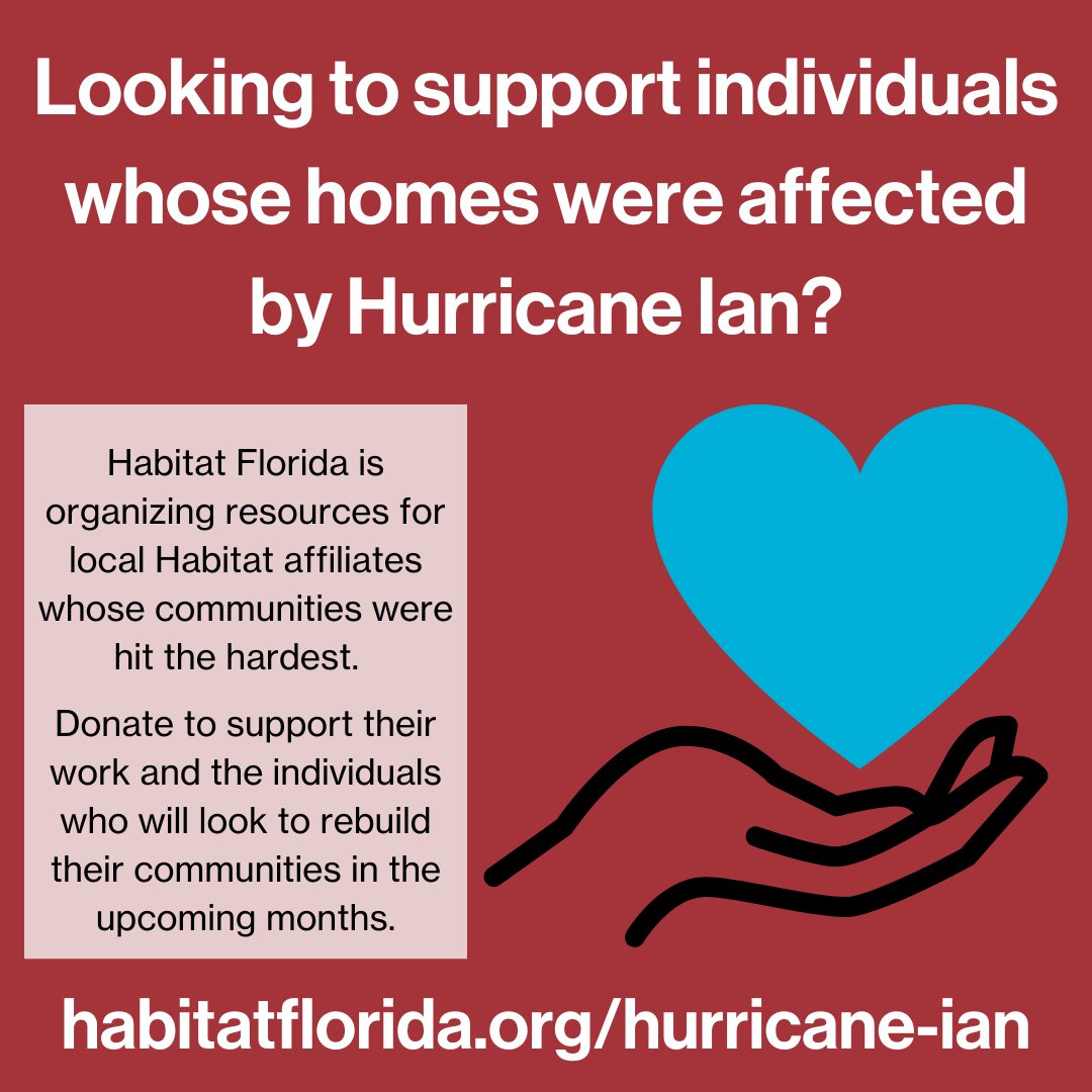 If you are looking for a way to help after Hurricane Ian, @FloridaHabitat is organizing resources for local affiliates who were hit the hardest. You can donate to support their work and the individuals who will look to rebuild their communities. ow.ly/oVZb50L1tSt