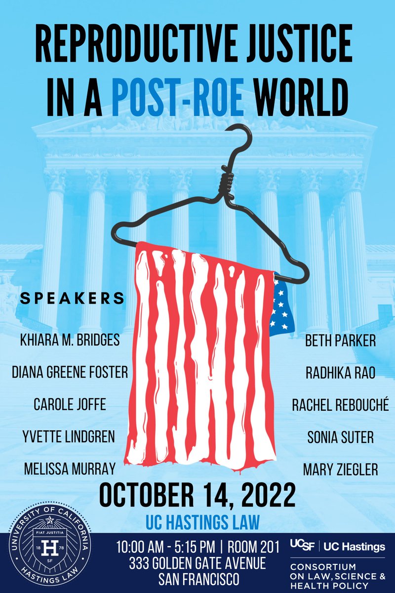 We are excited to announce this conference on 10/14 featuring <a href="/radicalrao/">Radhika Rao (she/her)</a> <a href="/maryrziegler/">Mary Ziegler</a> <a href="/RRebouche/">Rachel Rebouche</a> <a href="/ProfMMurray/">Melissa Murray (@ProfMMurray on Threads 🧵)</a> <a href="/smsuter/">Sonia Suter</a> <a href="/carolejoffe/">carole joffe</a> Khiara M. Bridges, Diana Greene Foster, Yvette Lindgren &amp; Beth Parker! Register here: uchastings.co1.qualtrics.com/jfe/form/SV_en… for in-person &amp; Zoom attendance