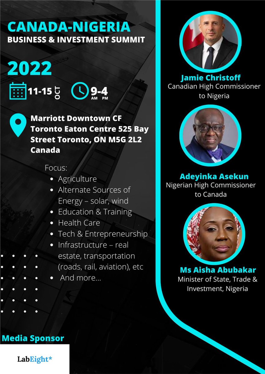 LabEightTech's tweet image. Africa holds immense opportunity as the world's future growth engine. The Canada-Nigeria Business and Investment Summit will focus on trade and investment opportunities. 
Register with link to attend. mineafrica.com/canada-nigeria… @TundeTASH