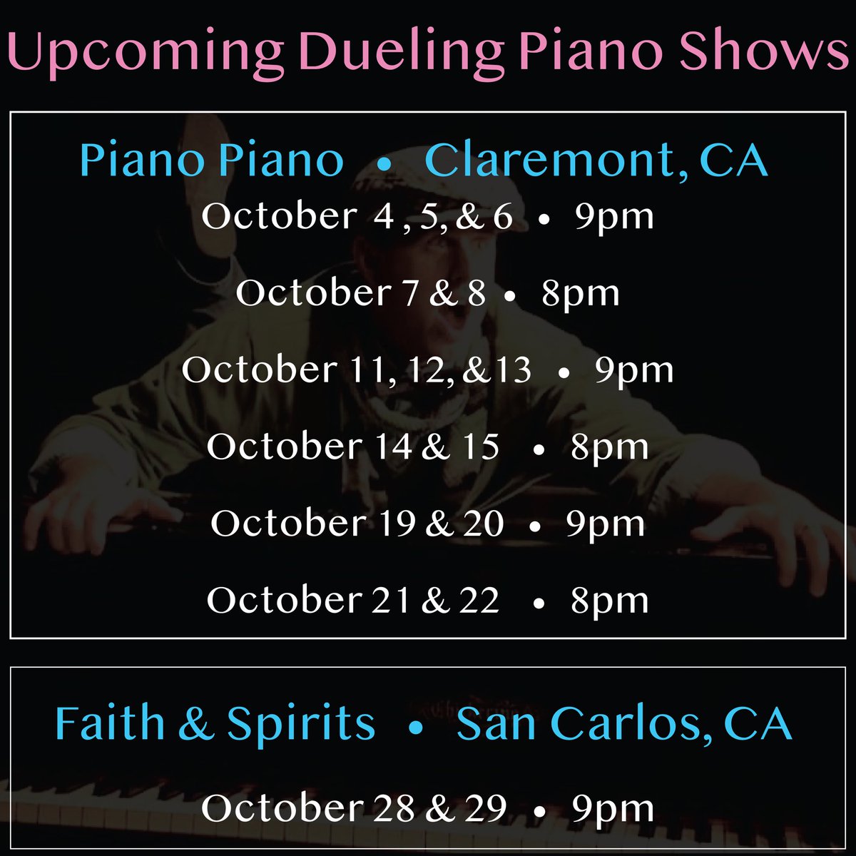 October is in full swing!!

#professional #musician #duelingpianos #livemusic #allrequestshow #diva #gayboy #lgbtqia #singer #piano #coversongs #comedyshow #nightlife #claremontca #sancarlosca
