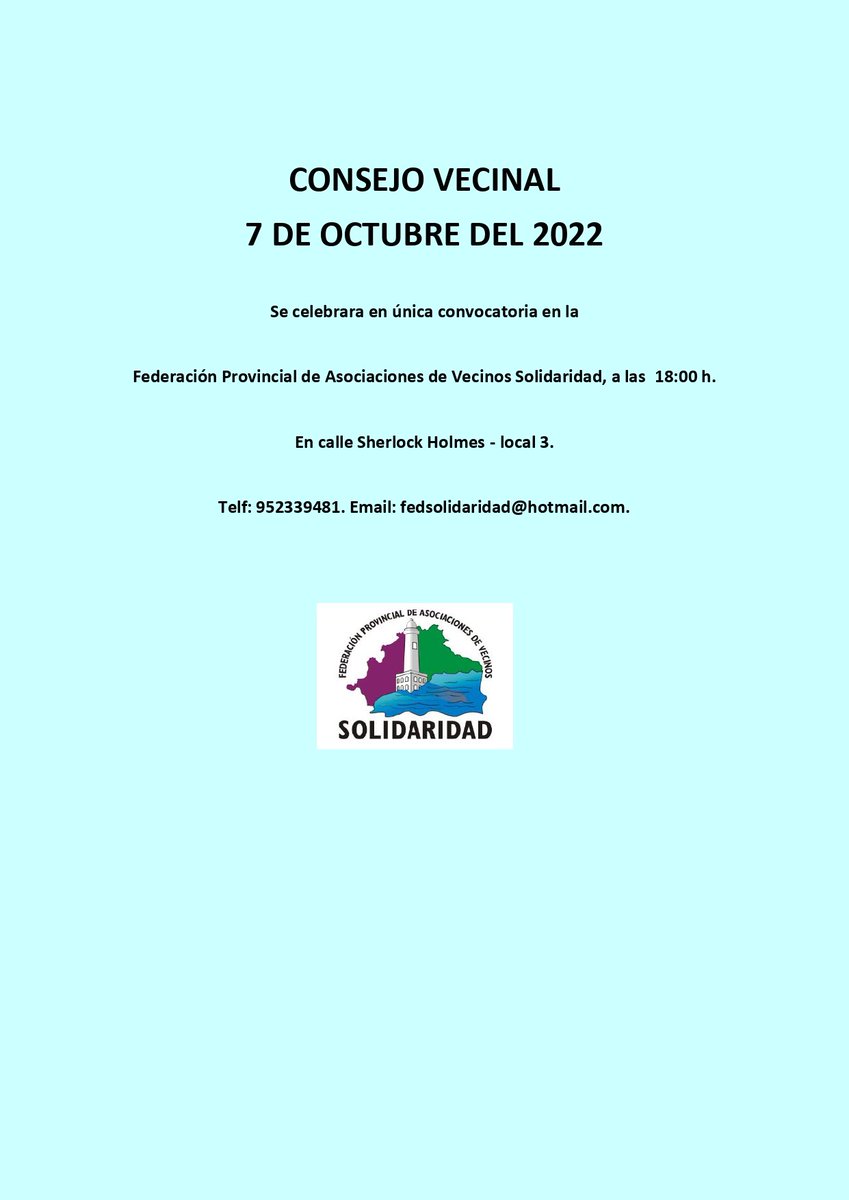 En aras a la mayor transparencia se realiza la convocatoria pública de nuestro consejo vecinal. Esperando contar con la presencia de malagueños/as.
SALUDOS.