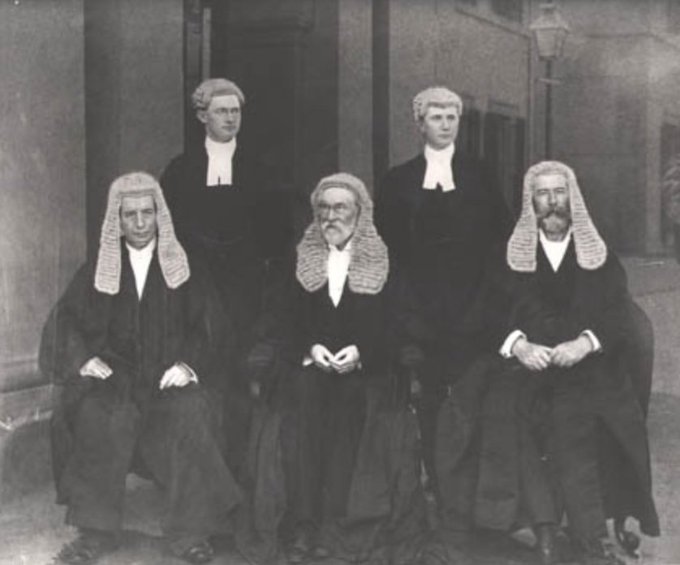 CanberraInsider's tweet photo. October 5, 1903: Governor-General Lord Tennyson signed commissions appointing Sir Samuel Griffith, Sir Edmund Barton and Richard O’Connor as the first Justices of the High Court of Australia. Griffith served as the first Chief Justice until 1919. https://t.co/9XqJ5QAKH2