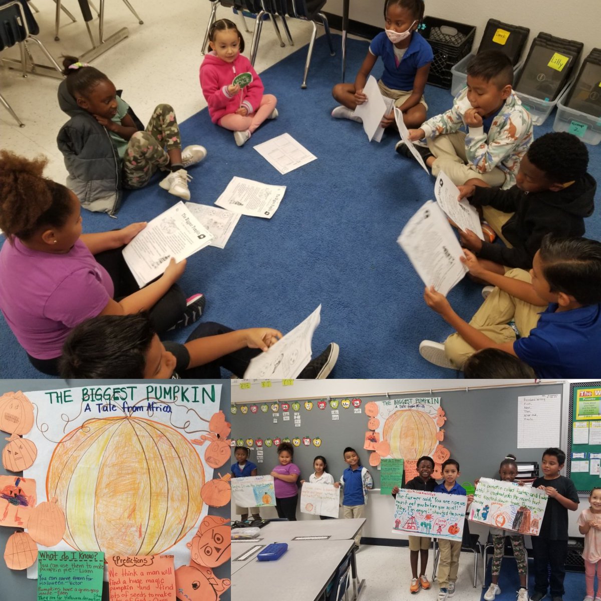 FGuzman_LCES's tweet photo. Students using their "Reading and Thinking Voice" to comprehend the story "The Biggest Pumpkin A Tale From Africa"👏🎃 #FallIntercession🍂🍁 #BetterTogether #HardWorkers #2ndgraderocks #LCES https://t.co/Ae83ytGCIK