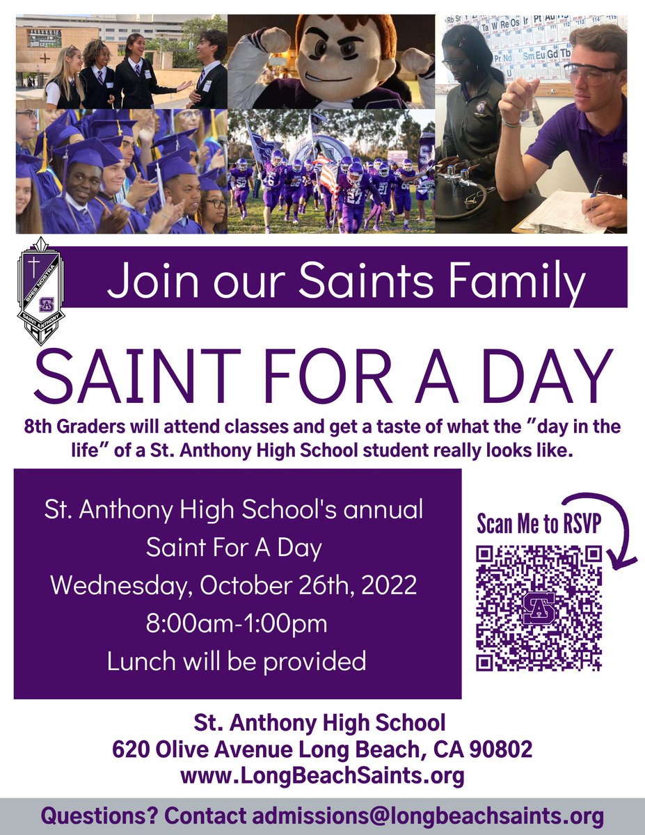 Calling all 8th graders! Join us for our annual Saint for a Day event on Wednesday, October 26th from 8:00am-1:00pm. We can't wait to see all of our prospective students on campus! To RSVP, click here: ow.ly/XqRa50L1uqU