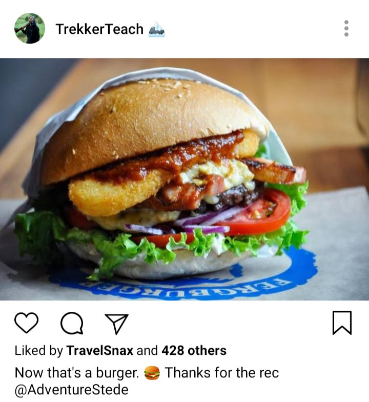 Ed's IG: picture of burger. Caption reads "now that's a burger. Thanks for the rec @AdventureStede 