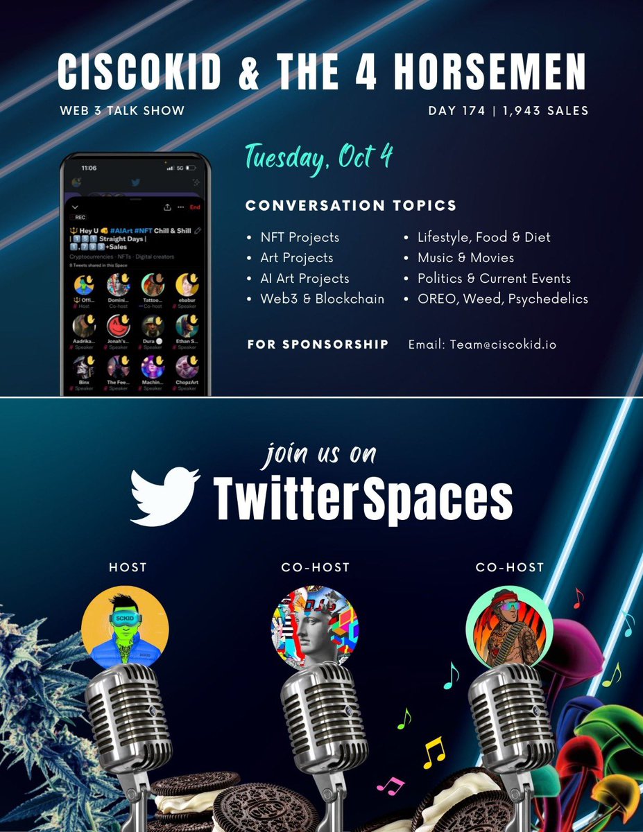 🔱Share 🫶 ur #nfts &amp; #Art 🎨 projects|1️⃣7️⃣4️⃣Straight Days |1️⃣,9️⃣4️⃣3️⃣+Sales

🌎 Web3 NFT Talk Show  
🎙<a href="/sporkfineart/">Dominic LaRiccia</a> 
🎙@ciscokidcoin 
🎙<a href="/tattoobumnft/">Tattoo Bums and Betties</a> 

⏳Set a reminder 👇
#ETH #NFT 
x.com/i/spaces/1vOxw…