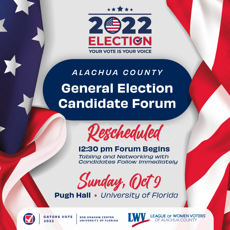 GrahamCenter's tweet photo. Our gen'l election candidate forum has been rescheduled to this Sunday at 12:30 pm.

Join us &amp; @LWVFlorida of Alachua Co in Pugh Hall. Ample free parking.

Great chance to ask questions of local candidates before the election! https://t.co/jQsvpEPeSG https://t.co/lXXQ1cnp8t