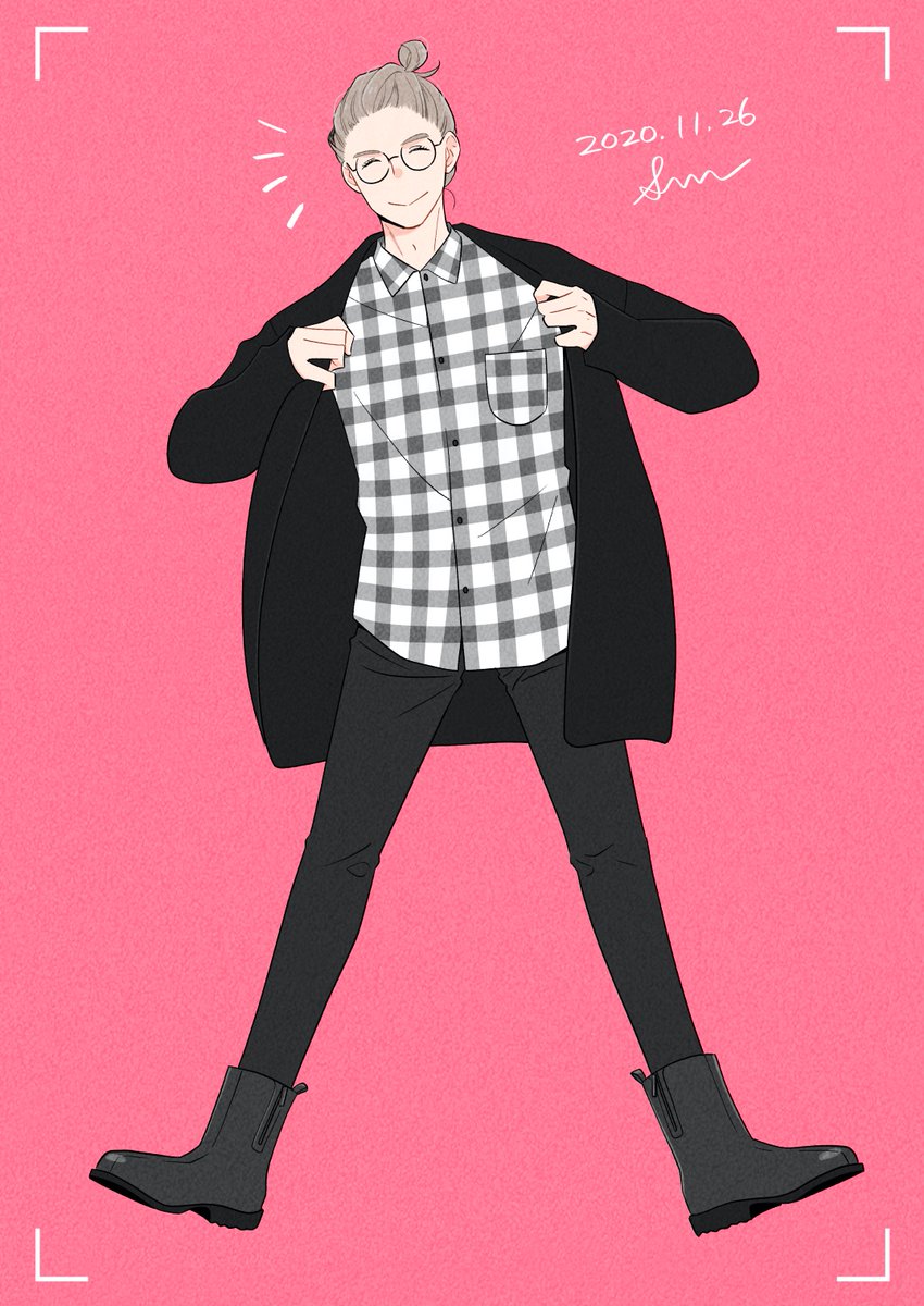 solo pink background shirt black pants 1boy pants glasses  illustration images