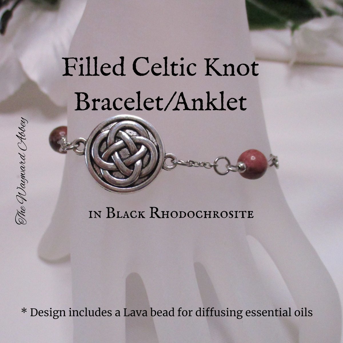 WaywardAbbey's tweet photo. Filled Celtic Knot Bracelet/Anklet
Here in Black Rhodochrosite

Choice of stone &amp; design includes a matching lava stone bead inside a spiral cage to diffuse your favorite scent while wearing.

Only on Etsy:
https://t.co/xZ30lOiawX 

~Blessings~Courtney https://t.co/xwRjiHZXuN