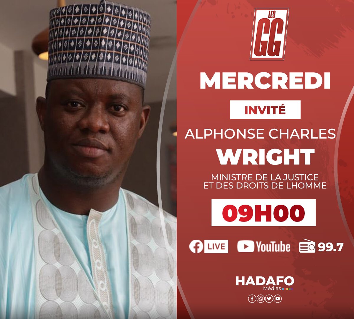 Mr le Ministre de la #Justice et des Droits de l’#Homme <a href="/juge_wright/">Alphonse Charles Wright</a> est notre invité demain dans les #GG 

Réagissez en Live 🔴 sur Twitter 📶 #EspaceGG ou en nous envoyant vos réactions par SMS au 00224 657 39 13 13