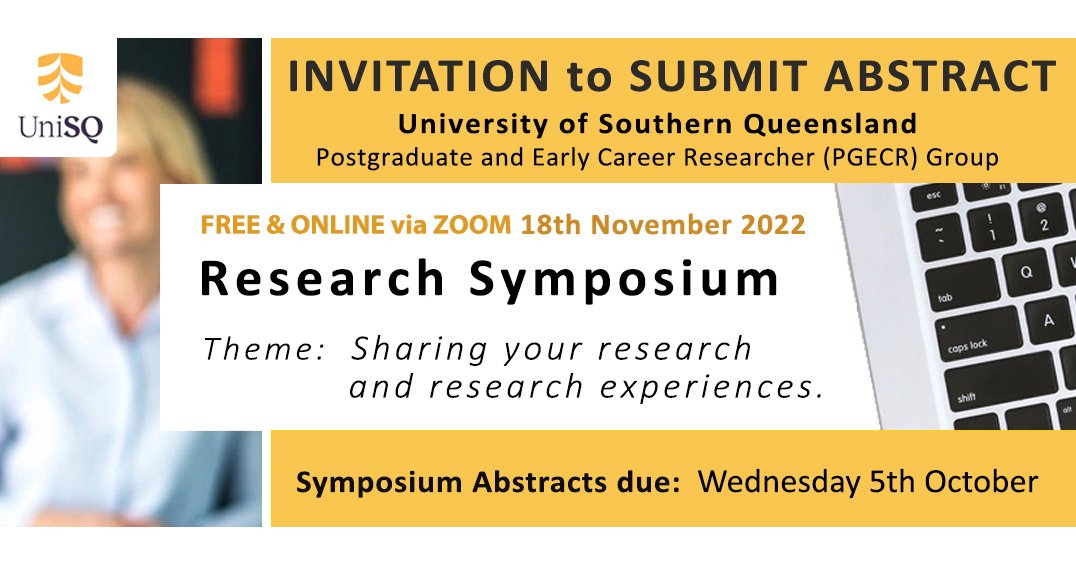 Postgrad & ECR Group (PGECR) at UniSQ (@unisq_pgecr) on Twitter photo REMINDER. Today 5th Oct COB - deadline for submitting an abstract for the <a href="/unisq_PGECR/">Postgrad & ECR Group (PGECR) at UniSQ</a> Symposium today! Thanks to all the great submissions already. Research students, Early & Mid Career Researchers. Don't miss out! 🧐📑💻 😎<a href="/UniSQ_GRS/">UniSQ Graduate Research School</a> <a href="/unisqaus/">University of Southern Queensland</a>
Info > surveys.usq.edu.au/index.php/7491… REMINDER. Today 5th Oct COB - deadline for submitting an abstract for the <a href="/unisq_PGECR/">Postgrad & ECR Group (PGECR) at UniSQ</a> Symposium today! Thanks to all the great submissions already. Research students, Early & Mid Career Researchers. Don't miss out! 🧐📑💻 😎<a href="/UniSQ_GRS/">UniSQ Graduate Research School</a> <a href="/unisqaus/">University of Southern Queensland</a>
Info > surveys.usq.edu.au/index.php/7491…