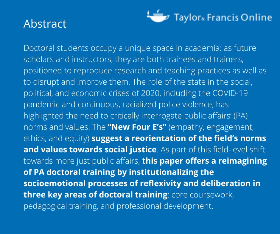 #Education in #PublicAdministration

Toward a More Reflexive and Deliberative Public Affairs: A Critical Reimagining of #DoctoralTraining

Read here: tandfonline.com/doi/full/10.10…

@APPAM_DC @naspaa @policy_psa @PAQuarterly @ASPANational @policy_pathways @splasection @aspaSPAE