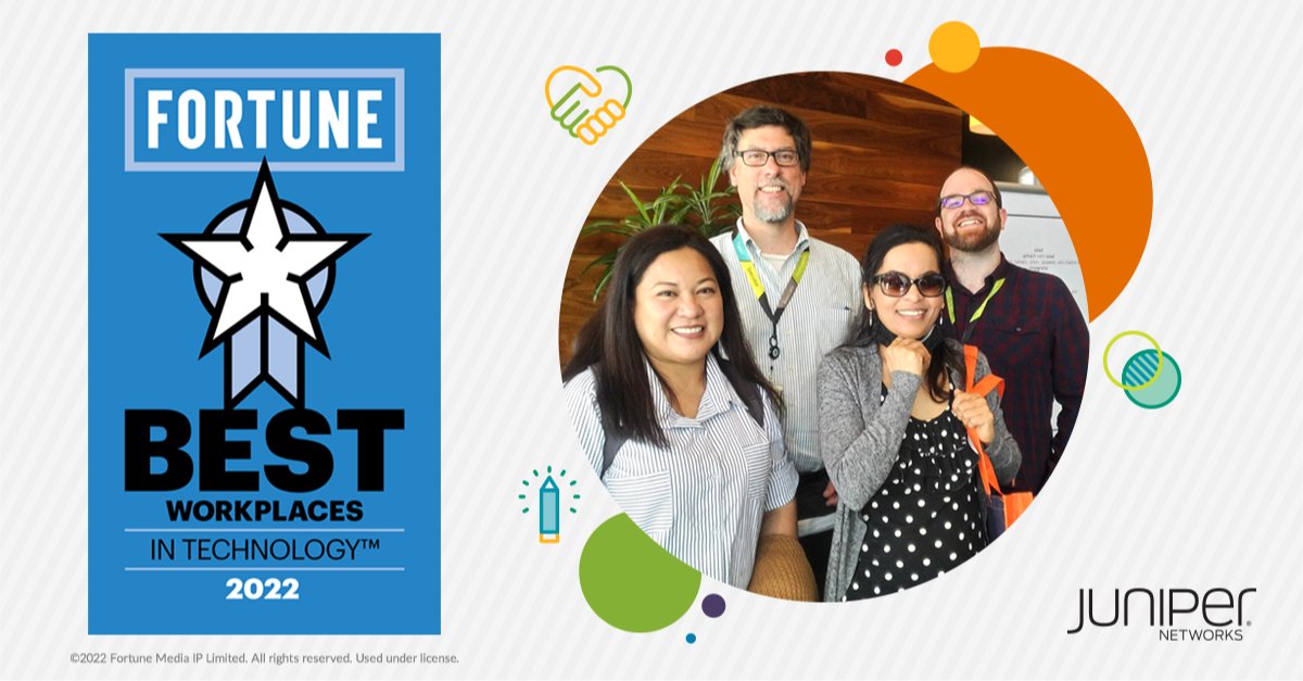 Celebrations are in order! 🥳 @JuniperNetworks has been named one of <a href="/FortuneMagazine/">FORTUNE</a>'s Best Workplaces in Technology. 💫 Learn more about our recognition! #BestWorkplaces #GPTWcertified #JuniperLife bit.ly/3fHcxsS