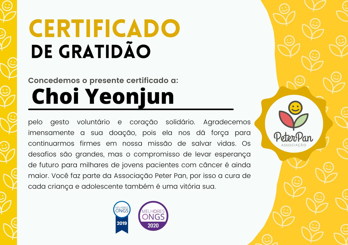 🥹 Doamos os R$229 arrecadados no projeto de aniversário do Yeonjun para a ONG Peter Pan, que auxilia adolescentes e crianças com câncer em Fortaleza - CE. 

Conheça mais o trabalho da ONG: app.org.br

Abaixo o certificado que nos enviaram 💛

#YEONJUN <a href="/TXT_members/">TOMORROW X TOGETHER</a>