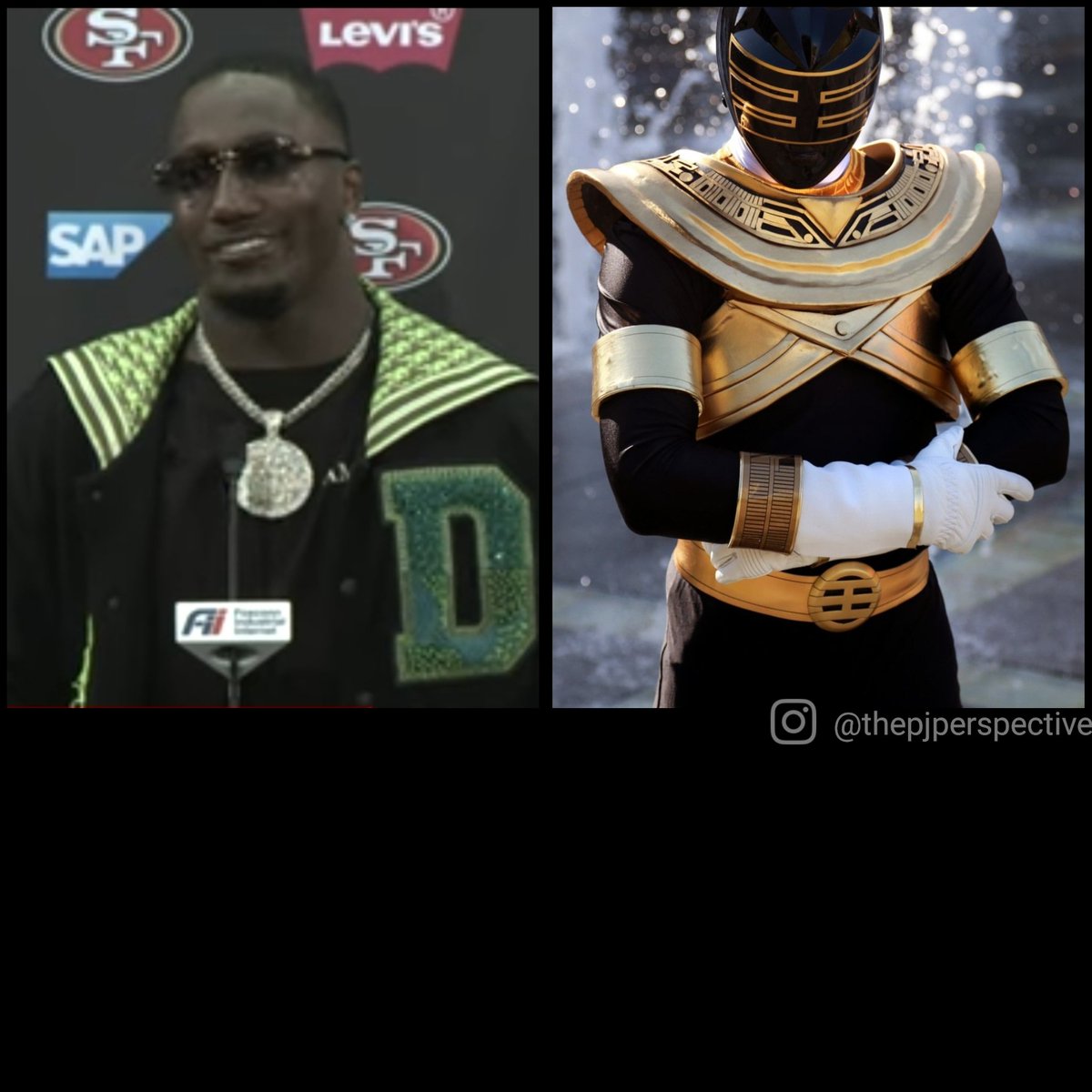 PJPerspective1's tweet photo. That mane Deebo, outchea with the full Gold Ranger swag! He fresh with it, aint it? Lol! @19problemz with the full flex! 💪🏾#49ers #49ersvsRams #Niners #NinersFootball #MNF #DeeboSamuel #BangBangNinerGang #Niners #NinerFaithful #NinerEmpire #PowerRangers #GoldRanger #JasonLeeScott https://t.co/wGnnJJJRgw
