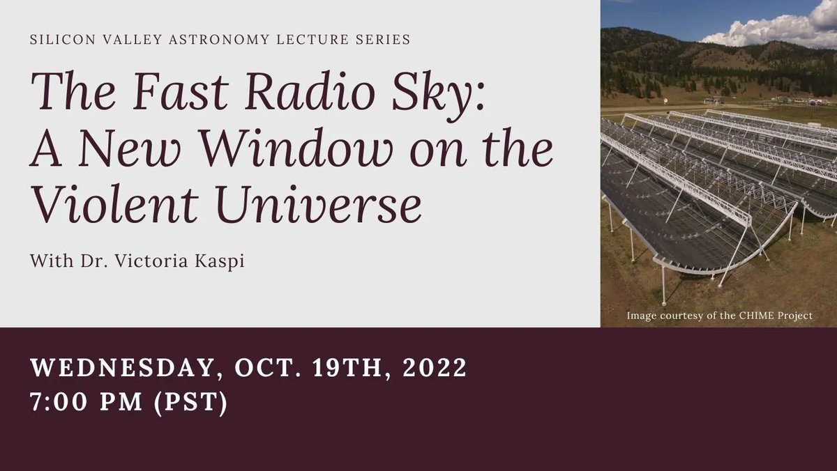 The SETI Institute (@setiinstitute) on Twitter photo ONLINE EVENT: buff.ly/3M5EUNc
On Wednesday, Oct. 19th, 2022 at 7 pm PST, Dr. <a href="/VictoriaKaspi/">Victoria Kaspi</a> ( <a href="/mcgillu/">McGill University</a> ) will give a free, illustrated, non-technical lecture entitled: “The Fast Radio Sky: A New Window on the Violent Universe", live on YouTube: buff.ly/3C5SIml ONLINE EVENT: buff.ly/3M5EUNc
On Wednesday, Oct. 19th, 2022 at 7 pm PST, Dr. <a href="/VictoriaKaspi/">Victoria Kaspi</a> ( <a href="/mcgillu/">McGill University</a> ) will give a free, illustrated, non-technical lecture entitled: “The Fast Radio Sky: A New Window on the Violent Universe", live on YouTube: buff.ly/3C5SIml