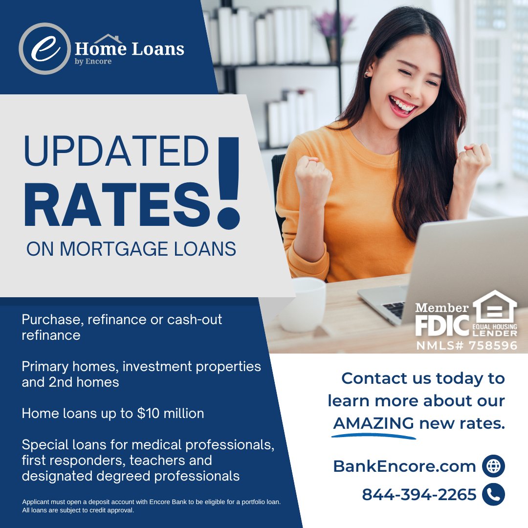 EncoreBank's tweet photo. Contact us today to learn more about our AMAZING new rates on mortgage loans! Find your local mortgage banker at https://t.co/NJBrAj33RX. https://t.co/uQtbKbwkkO
