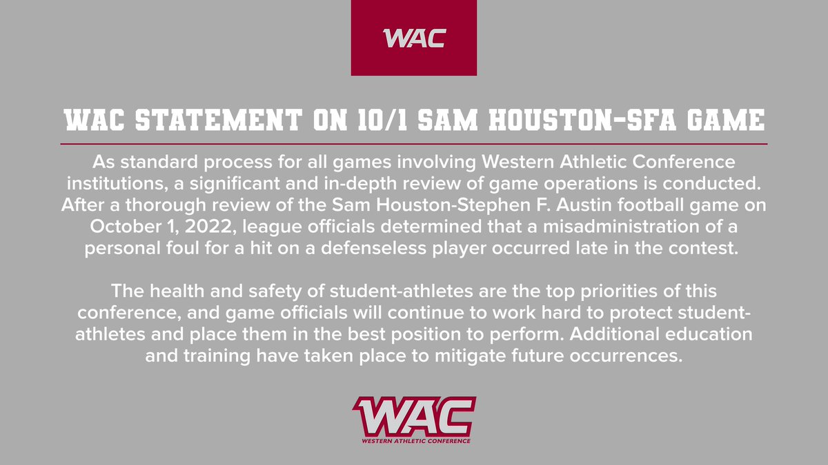 UAConference's tweet photo. Western Athletic Conference statement regarding the Sam Houston-Stephen F. Austin football game on Oct. 1 #WACfb https://t.co/G8Szkm44CP
