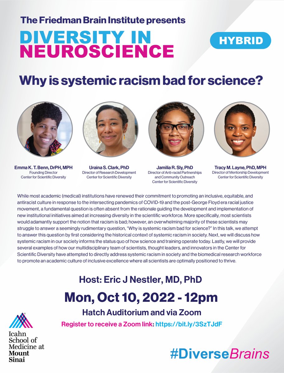 Friedman Brain Institute (@sinaibrain) on Twitter photo EXCITED to have the Center for Scientific Diversity's (<a href="/Sci_Diversity/">Center for Scientific Diversity at ISMMS</a>) Leadership speak at our #DiverseBrains event THIS MONDAY! JOIN US as <a href="/EKTBenn/">Emma Benn</a> <a href="/ClarkNeuro/">Dr. Uraina Clark | Neuro Lab</a> <a href="/DrJamiliaSly/">Jamilia Sly, PhD</a> & @tracymlayne present “Why is systemic racism bad for science?” REGISTER👉bit.ly/3SzTJdF EXCITED to have the Center for Scientific Diversity's (<a href="/Sci_Diversity/">Center for Scientific Diversity at ISMMS</a>) Leadership speak at our #DiverseBrains event THIS MONDAY! JOIN US as <a href="/EKTBenn/">Emma Benn</a> <a href="/ClarkNeuro/">Dr. Uraina Clark | Neuro Lab</a> <a href="/DrJamiliaSly/">Jamilia Sly, PhD</a> & @tracymlayne present “Why is systemic racism bad for science?” REGISTER👉bit.ly/3SzTJdF