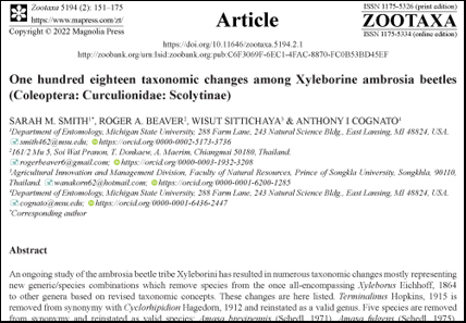 One hundred eighteen taxonomic changes among Xyleborine ambrosia beetles (#Coleoptera: Curculionidae: Scolytinae).
mapress.com/zt/article/vie…
#Taxonomy