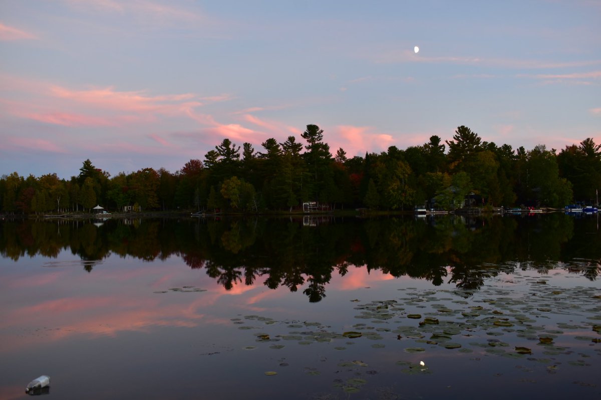 KDianePick's tweet photo. Another stunning sunset in @PtboCounty @pktourism …a cotton candy sky…even the trail left by a passing jet was pink. ❤️#Kawarthas #FallColours #NaturePhotography https://t.co/fmkQE59ic8