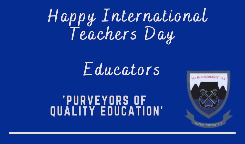 malcolmpedro's tweet photo. Wishing our Dream Team of Educators of Bloubergrant High School, often referred to as the Super Heroes, 
the Gladiators ,
a very Happy International Teachers Day.

Thank you for turning up every day to give your best in order to be ‘Purveyors of Quality Education’ to our learners https://t.co/vsOJ1QXbOV