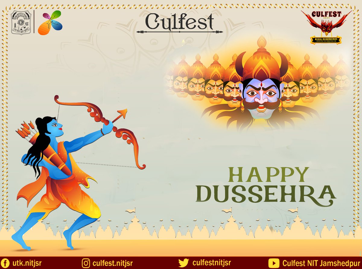 culfestnitjsr's tweet photo. Vijay Dashmi, literally translates to _victory on the day of Dashami_.
On this auspicious occasion Team CULFEST wishes you all a very Happy Dussehra and "शुभ विजयदशमी".
#Culfest #nitjsr #durgapuja #dussehra2022 #dussehrafestival #dussehracelebration #dussehrawishes https://t.co/0qpPiXY31T