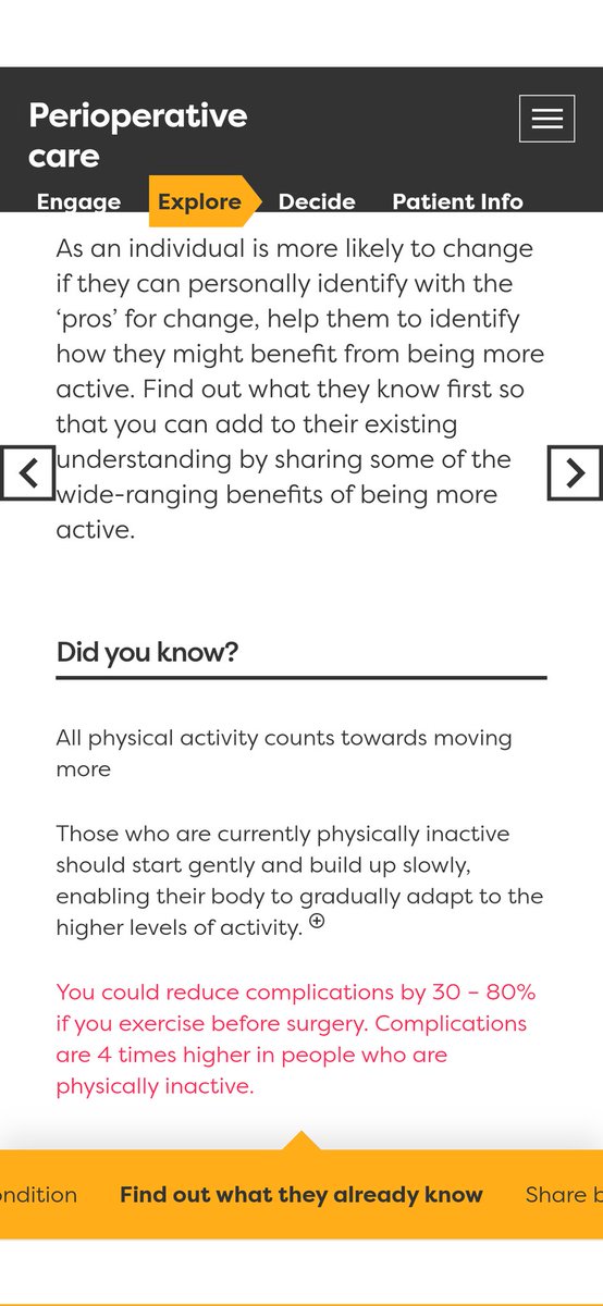 Please could everyone involved with people having operations read/share this? How to individualise increasing pre-op #physicalactivity to reduce complications:
movingmedicine.ac.uk/consultation-g…
How do we make this mainstream?
From <a href="/movingmedicine/">Moving Medicine</a>
Endorsed by <a href="/CPOC_News/">Centre for Perioperative Care</a> &amp; <a href="/RCSnews/">The Royal College of Surgeons of England</a>