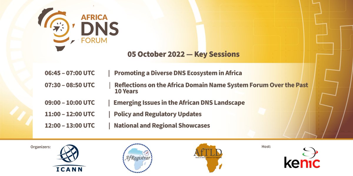 ICANN's tweet photo. Welcome to day ‘1’ of our 10th annual Africa DNS Forum, the first hybrid meeting in two years. 
View below today’s sessions, and visit the website for more information and how to join >> https://t.co/0KaeSIkILE
#AFDNSF2022 #ICANN https://t.co/cy9ZiVoX8T
