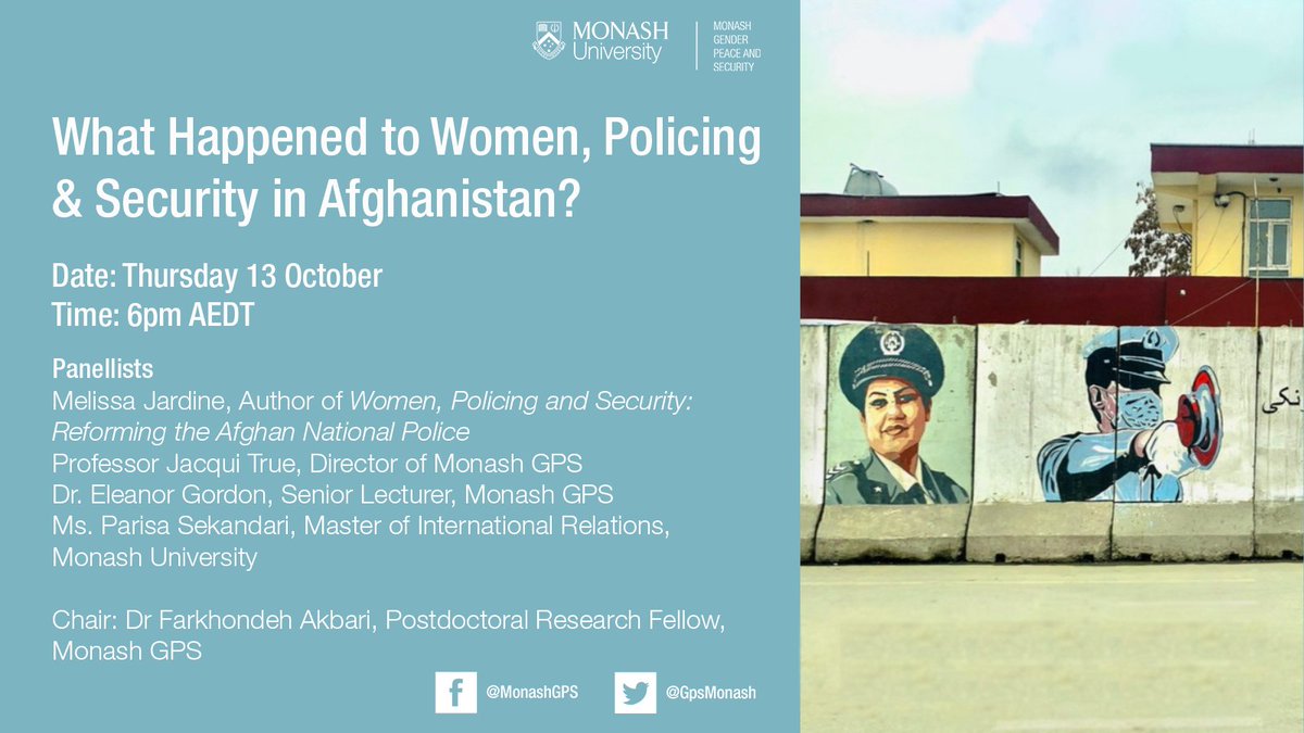 Monash GPS (@gpsmonash) on Twitter photo Chaired by <a href="/FarkhondaAkbar/">Farkhondeh Akbari</a>, Centre Director <a href="/JacquiTrue/">Jacqui True</a>, <a href="/elegordon/">Eleanor Gordon</a> & Parisa Sekandari will discuss with author <a href="/majardine/">Dr Melissa Jardine</a> approaches to security sector reform and #gender in #Afghanistan in our next seminar on 13 Oct.
👉Register now: bit.ly/3SpuVVb Chaired by <a href="/FarkhondaAkbar/">Farkhondeh Akbari</a>, Centre Director <a href="/JacquiTrue/">Jacqui True</a>, <a href="/elegordon/">Eleanor Gordon</a> & Parisa Sekandari will discuss with author <a href="/majardine/">Dr Melissa Jardine</a> approaches to security sector reform and #gender in #Afghanistan in our next seminar on 13 Oct.
👉Register now: bit.ly/3SpuVVb