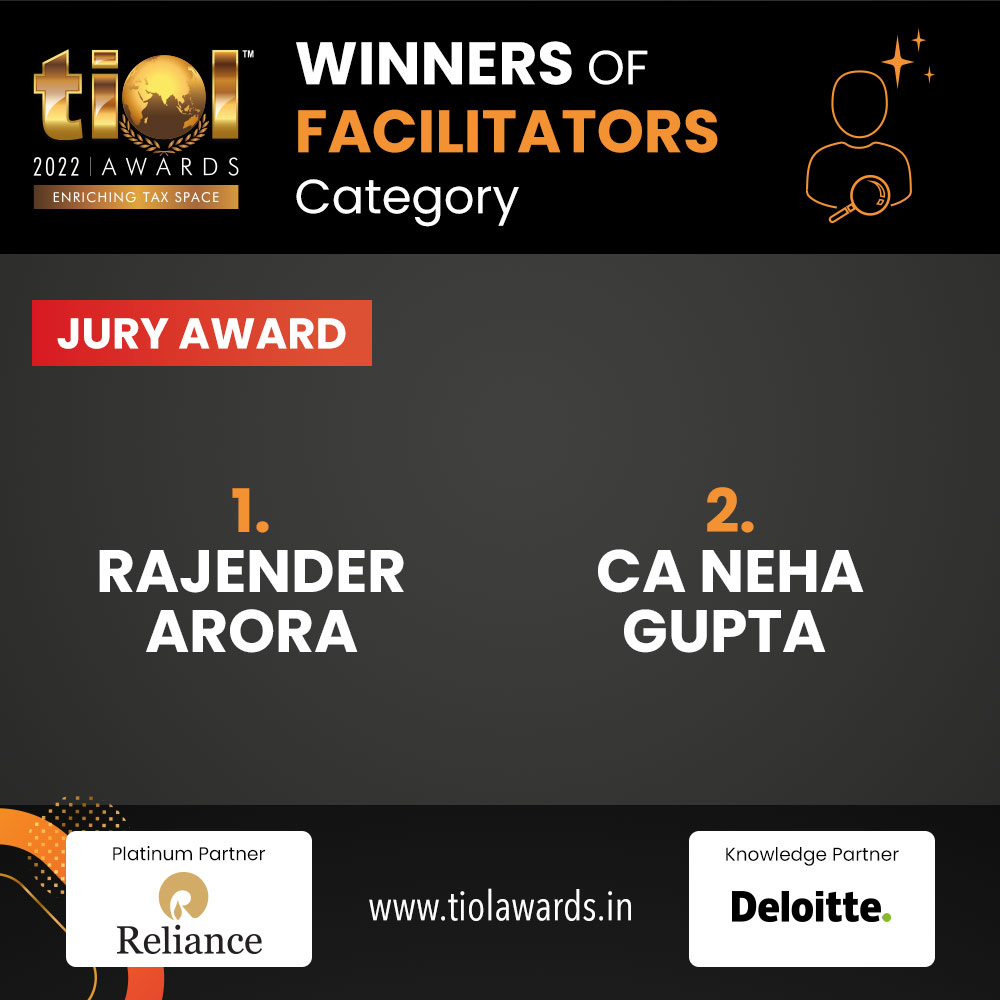 TiolAwards's tweet photo. TIOL Knowledge Foundation congratulates the winners of the TIOL Awards 2022 under the Facilitators Category. The jury Award goes to Rajender Arora, CA Neha Gupta.

@rjsidhwa
@TIOLshailendra
#TIOLAwards2022 #TIOLTaxCongress2022 #taxation #fiscal #economy #taxpayers https://t.co/jqgjz2kulW