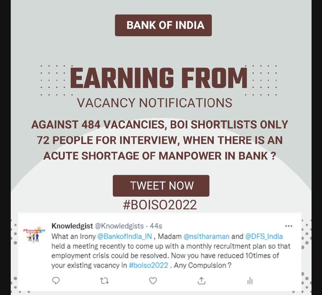 SShikhaBhu's tweet photo. @PMOIndia 
@nsitharaman 
@HMOIndia 
@FinMinIndia 
@BankofIndia_IN 
@Knowledgists
Bank of india released recruitment for 484 credit officer vacancy but only selected 24 pple Nt even 10 percent. 
 Nd more over nearly 9700  applications  850 ₹ application fee
#reviseresultboi22 https://t.co/yEfeFiHg4h