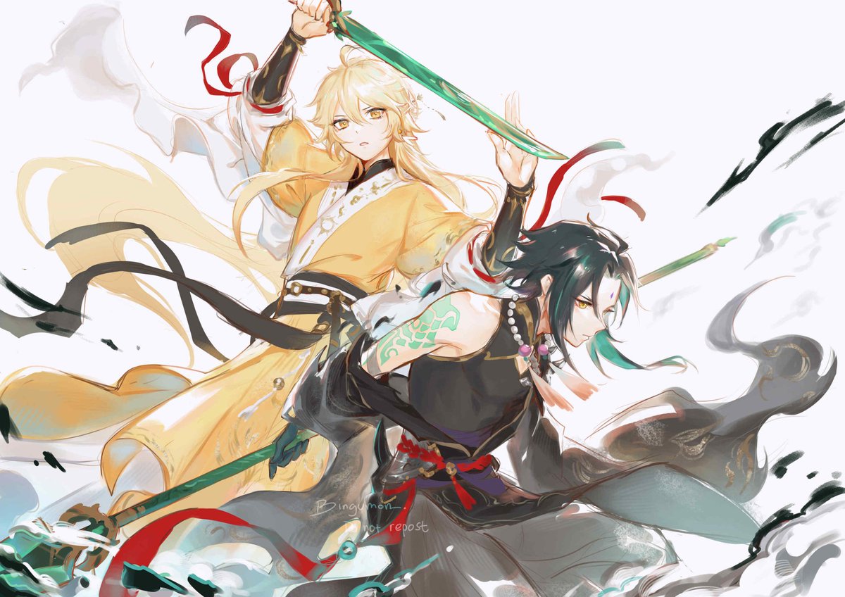 bingumon's tweet photo. Another au concept scribbles, radiant swordsman aether &amp; his beloved guardian yaksha •w•
#XiaoAether #魈空 #GenshinImpact https://t.co/7v3WwjF2qk