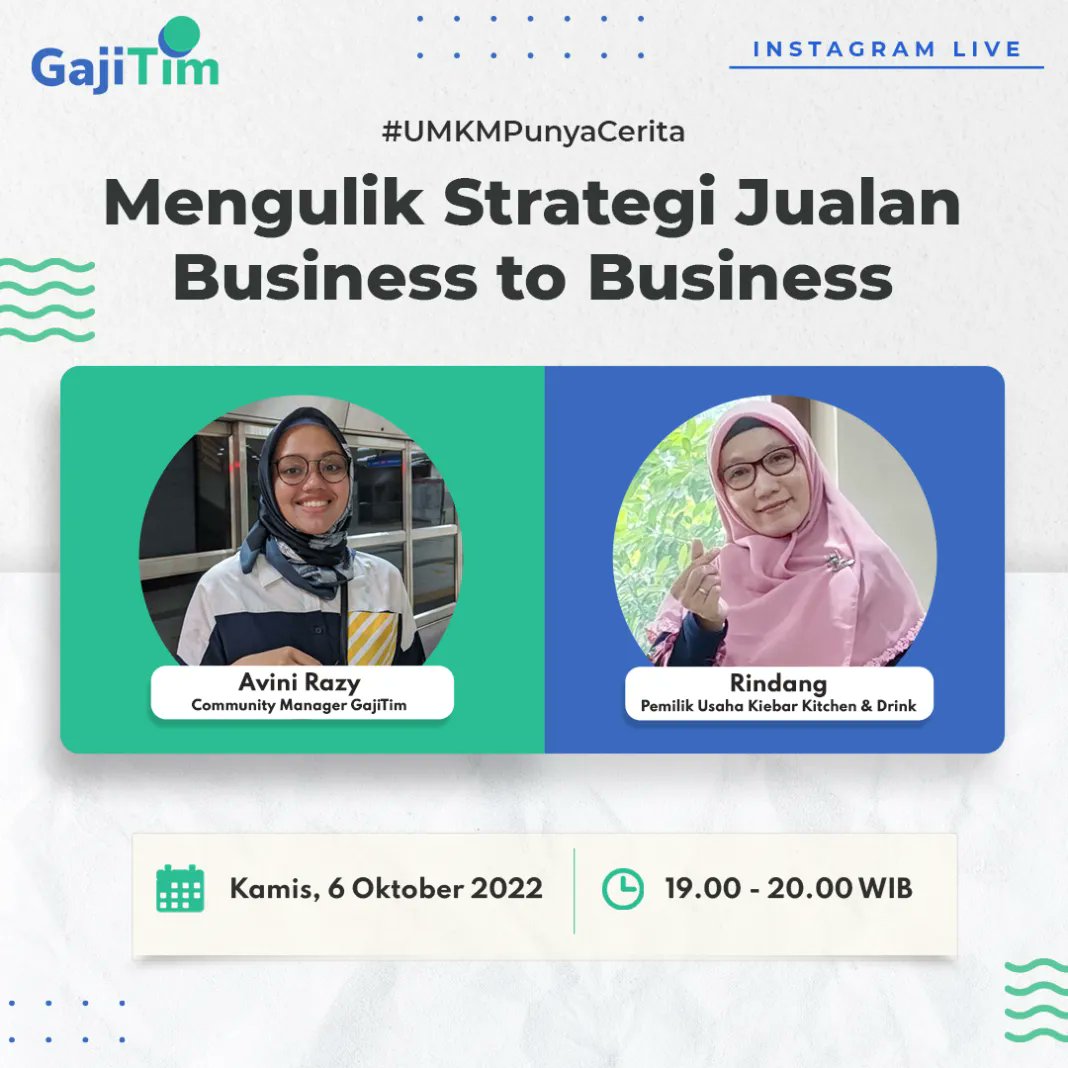 IG Live #UMKMPunyaCerita bersama Timin hadir kembali! 

Penasaran seperti apa strategi Bu Rindang dalam menjalankan jualan business to businessnya? Yuk, ungkap melalui IG Live berjudul "Mengulik Strategi Jualan Business to Business" Kamis malam besok.