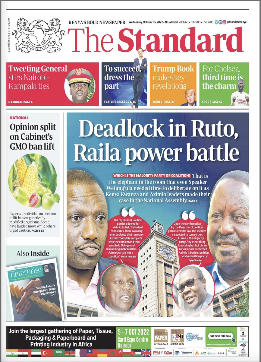 Top stories on the standard Newspaper:
1. Deadlock in Ruto, Raila power battle 
2.  Man sues classmate in Kemsa tenda recording dispute. 
3.  Opinion split on cabinets GMOs ban lift. 
#kwamboxandkev