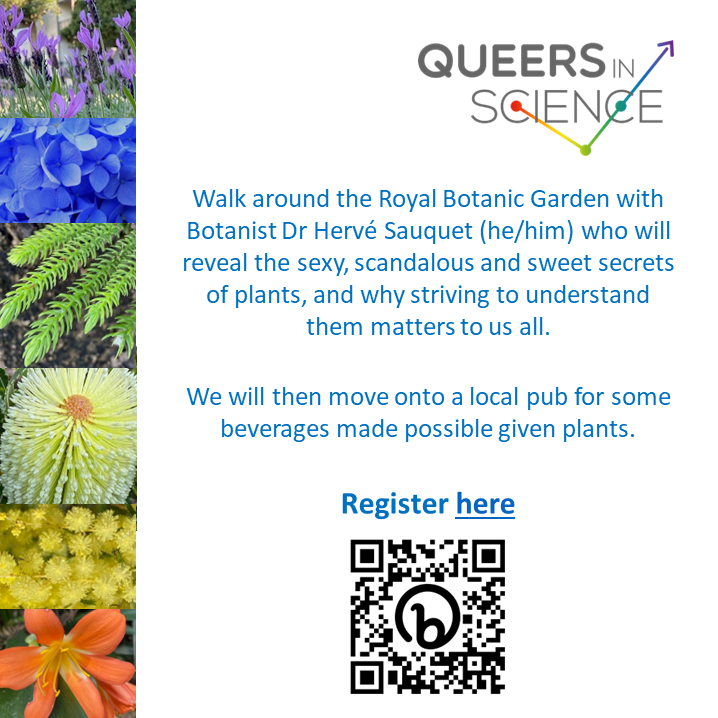It's spring a perfect time to stop and smell the flowers and maybe learn a little bit about them too! Oct 11th at 5pm, at the Royal Botanic Garden walk with NSW QiS as @hsauquet_rbgsyd tells us the secrets of plants. Register here eventbrite.com.au/e/queer-plants… as places are limited