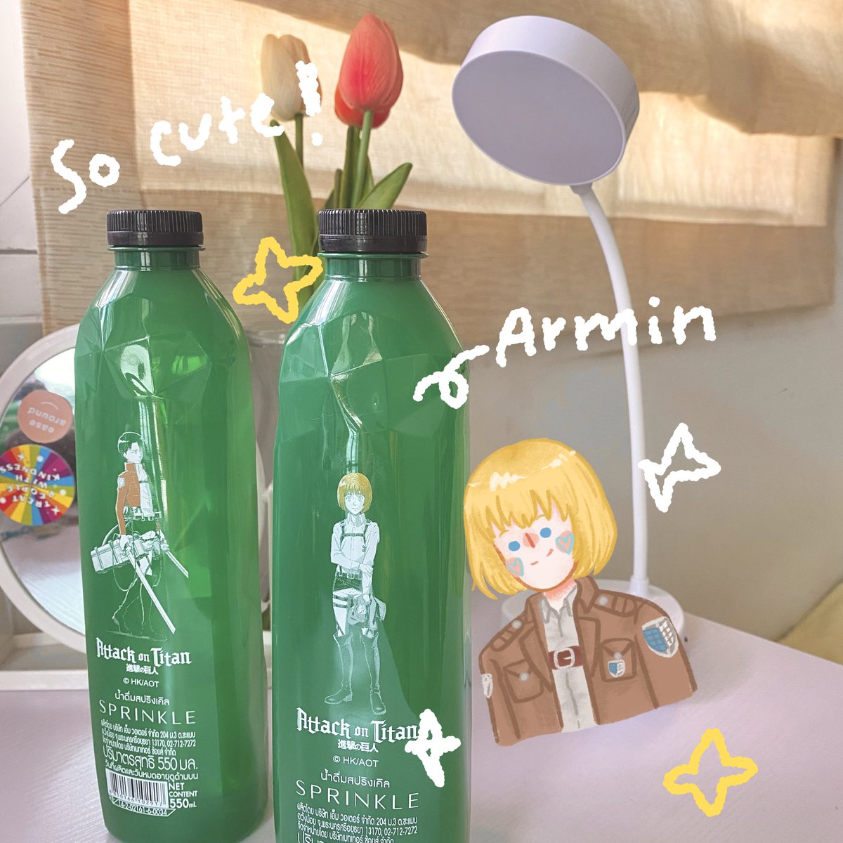 tkxhappyface's tweet photo. ทุกคนนมันแบบน่ารักนุบนิบมากก😭 Sprinkle x Attack on Titan คอลแลปกับเมะโปรดทั้งทีเหมาเลย4ขวด 4ลาย ขวดลายพิเศษมีขายที่7-11เท่านั้นน้าา ไปตามหาที่เซเว่นกานน 💟 https://t.co/e7gw7ZAnIE