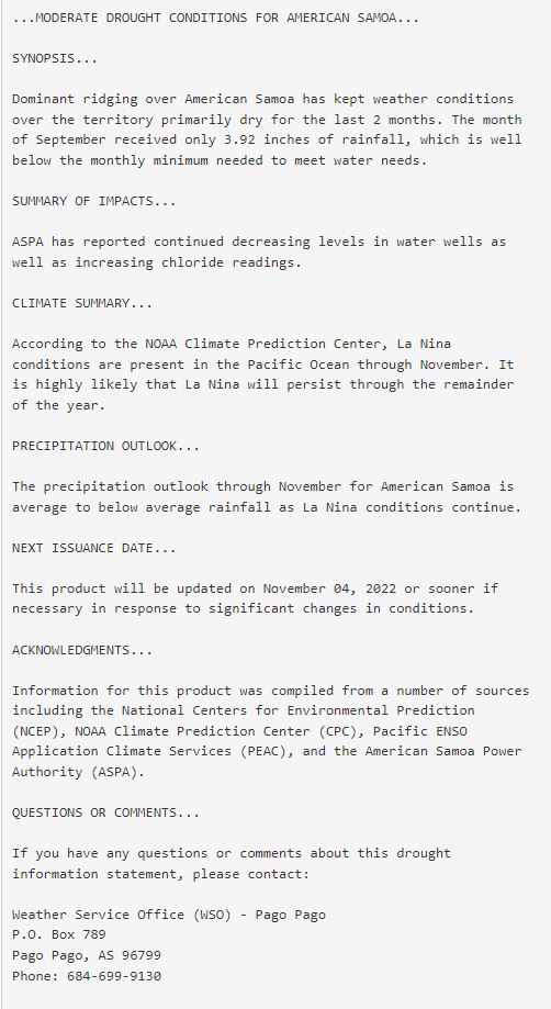 American Samoa is currently in a moderate drought. Please see below for more details...