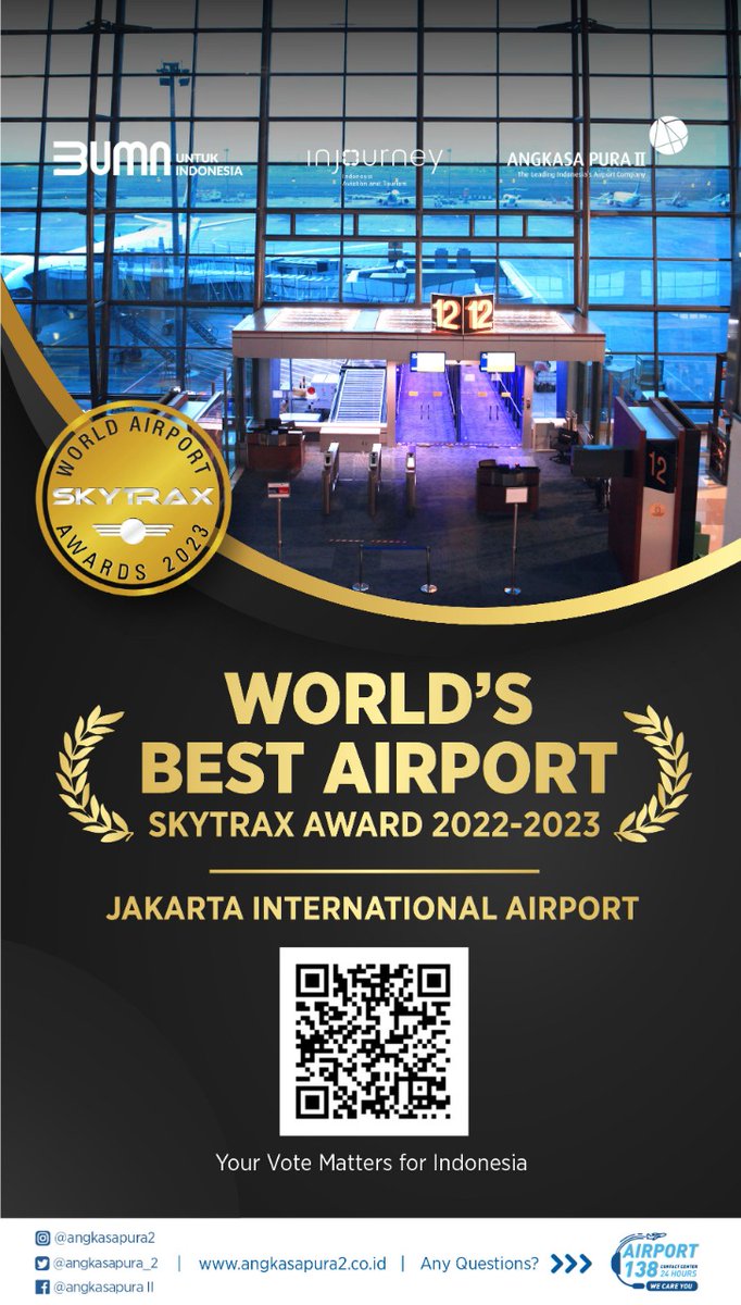 KAIBandara's tweet photo. Ayo dukung Bandara kebaganggaan indonesia, Soekarno-Hatta International Airport/Jakarta International Airport dgn layanan terbaik dlm ajang Skytrax Award 2022/2023 melalui vote pada link berikut ini :
https://t.co/vic87Mfi0i
https://t.co/K7ziiGj1OB
https://t.co/dlBbX04hqY https://t.co/QkIIoThGnu