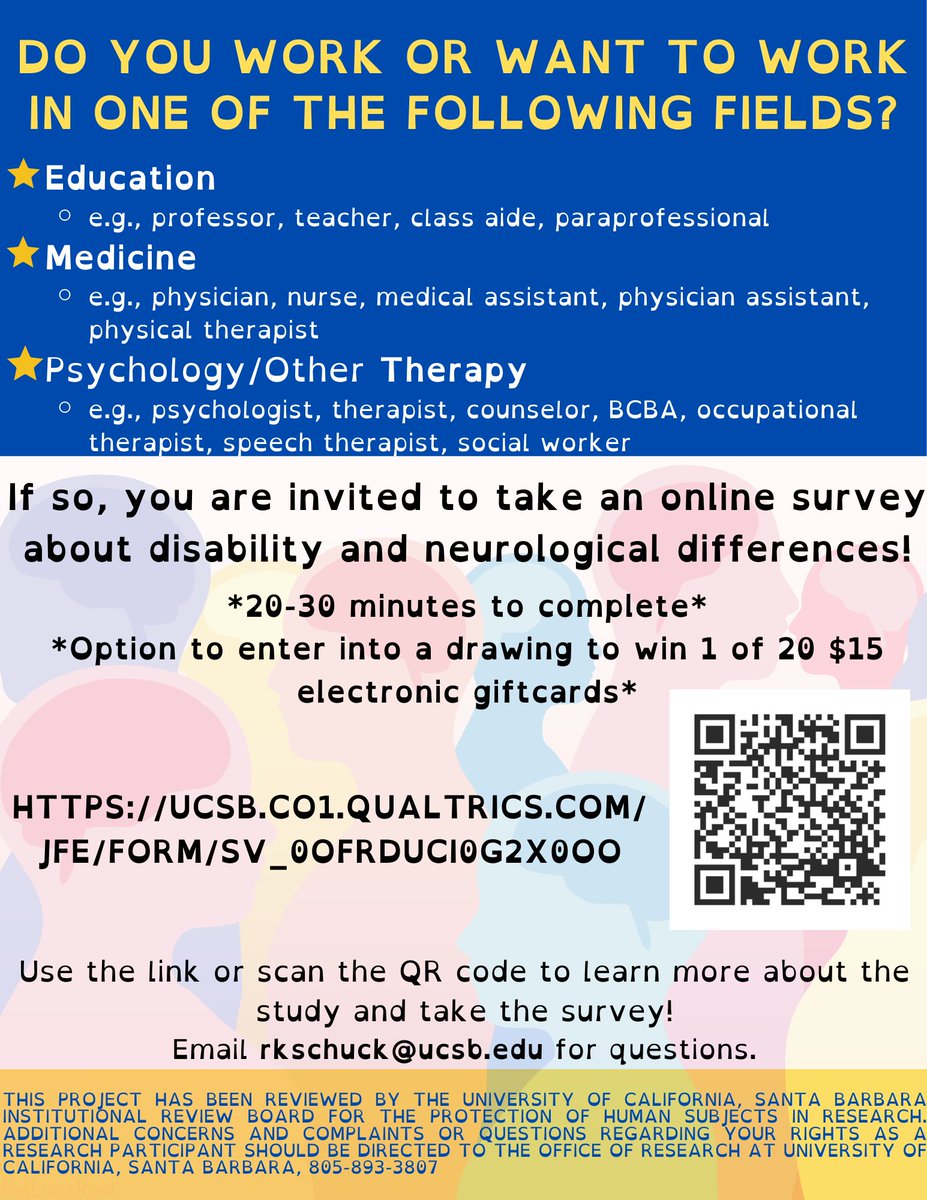 rach_schuck's tweet photo. Hi! I'm recruiting individuals who are involved in the fields of education, medicine, psychology, or other therapy (e.g., speech or occupational therapy) to take an online survey about disability and neurological differences. https://t.co/2502xNcyDl https://t.co/zgF0daDvg9