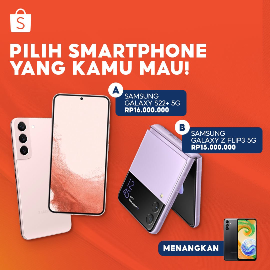 ✨ GIVEAWAY SMARTPHONE SAMSUNG ✨

Sobat Shopee! Hari ini mimin mau giveaway Samsung A04s buat kamu! Caranya:

1. FOLLOW <a href="/ShopeeID/">Shopee Indonesia</a>
2. RT &amp; LIKE tweet ini
3. PILIH "A/B" + #SamsungDariShopee sebanyak-banyaknya!

Semoga Beruntung 🧡