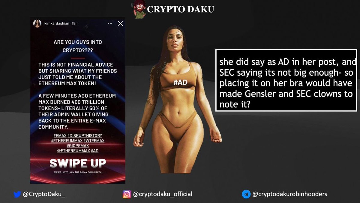 CryptoDaku_'s tweet photo. SEC works weird, they charged @KimKardashian with major point  SEC said investors weren’t made aware of her being paid for the ad. where infact the post was cleasrly marked as AD. think time for better placing of #AD so that Gensler and SEC see it clealry 🤣🤣🤣 https://t.co/jp2oEGScsx