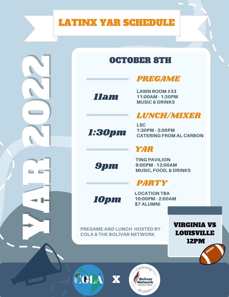 NetworkBolivar's tweet photo. Alumni returning to Charlottesville this Saturday, join us and The Cultural Organization for Latin Americans (COLA) for a jam-packed YAR. Full schedule here, hope to see you there! https://t.co/SCHhPyx2aW
