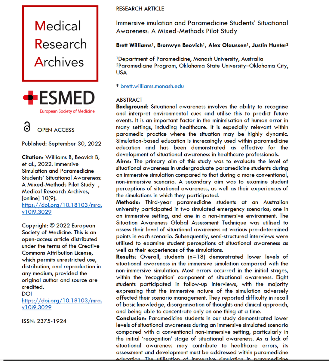 Well, apparently while I was off gallivanting in Australia I had this paper published that I co-authored with some folks from <a href="/monash_para/">Paramedicine Monash University</a> It's open access so you can download the full paper for free!!
#ems #research #paramedic #paramedicine
esmed.org/MRA/mra/articl…