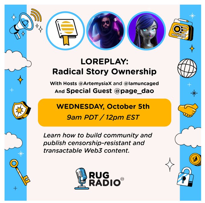 Don't miss us on Rug Radio tomorrow!!

<a href="/thomasdylandan2/">epicdylan.base.eth</a> will be representing again, this time in a discussion around Community Building and censorship-resistant, transactable #NFTBook assets such as #ReadMeBooks on @0xpolygon. 

x.com/i/spaces/1ZkJz…