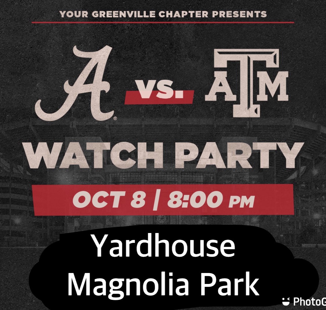BamaUpstate's tweet photo. We are changing our game watch location this week to the Yardhouse at 1025 Woodruff Rd. We hope you will join us there as we take on the Aggies! https://t.co/DgAp54qZl9
