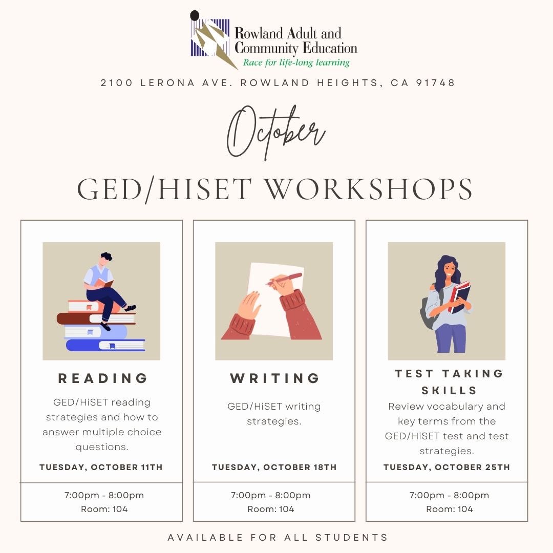 📚 Get ready for the GED or HiSet this October! All month long we will be hosting workshops to prep RACE students for high school equivalency exams. Call our office for more information. We hope to see you there! 📝 #WeAreRUSD #RACEStrong #RUSD #GED #HiSET