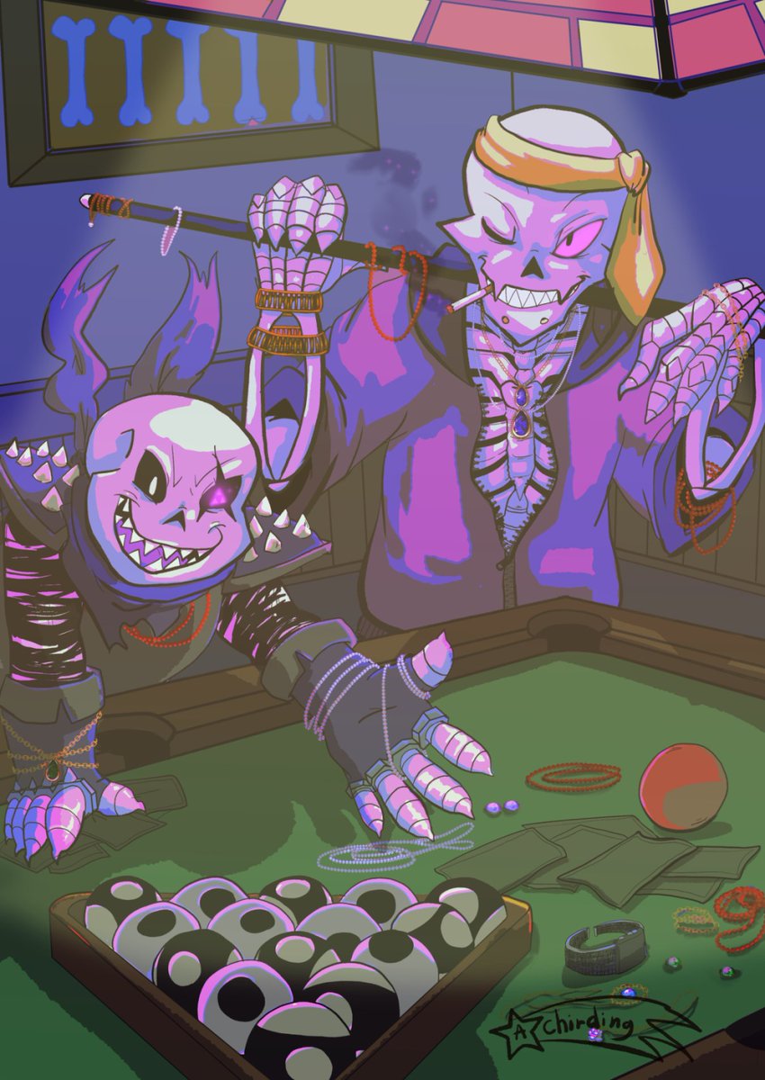achirding's tweet photo. My piece for the fabulous @BoneBros2022 zine! Two pool sharks inviting you to play! It's no fun with no skin in the game, but since neither of the Swapfell brother's have any, yours will have to do. C:

Bonus: Flats of the boys! https://t.co/IyUohvzhCI
